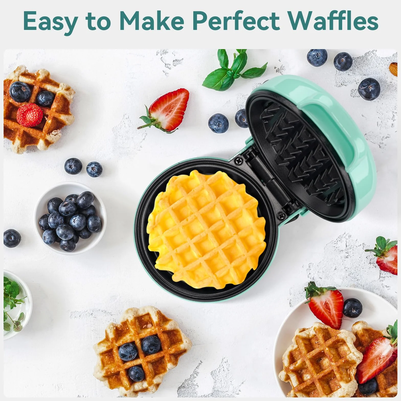 SNAILAR Piastra per Waffle, Mini Macchina per Waffle, 550W Waffle Maker con Rivestimento Antiaderente, Temperatura Automatica, Design Compatto, Verde