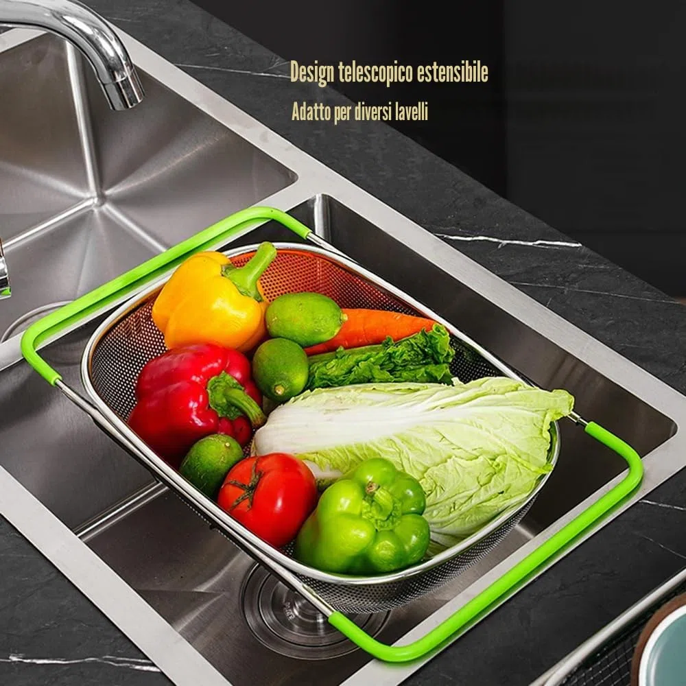 Scolapasta estensibile da posizionare sul cestello del lavello (38–54 cm), scolapasta a maglia fine per la cucina, per scolare gli alimenti e riporre le stoviglie – Scolapasta da lavello verde