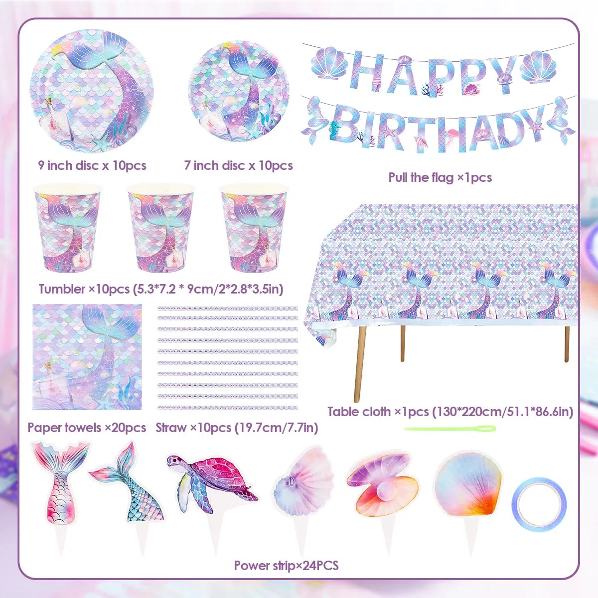 AKONE Set di stoviglie da festa a forma di sirena, 62 pezzi, decorazione di compleanno per bambini, piatti di carta, tazze, tovaglioli, tovaglie e striscioni di compleanno