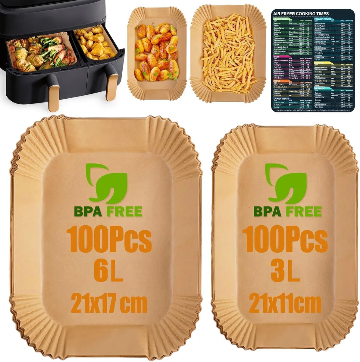 200 Pezzi Carta Forno per Friggitrice ad Aria Doppio Cestello, 9L, per Philips Dual Basket 3000 & 5000 serie/Air Fryer Tefal Easy Fry/Moulinex XXL Dual Easy Fry,Food-Grade BPA Free,FDA e LFGB