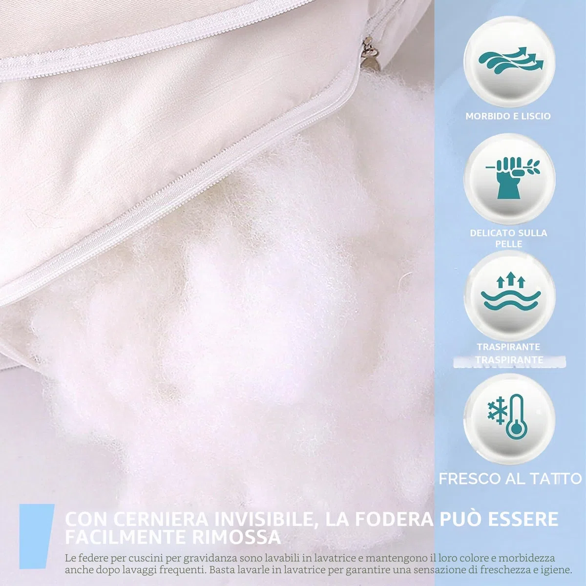 Cuscino per chi dorme sul fianco, federa per cuscino a forma di U, in cotone rimovibile, a forma di U, per adulti, lavabile in lavatrice, 140 x 80 cm, blu