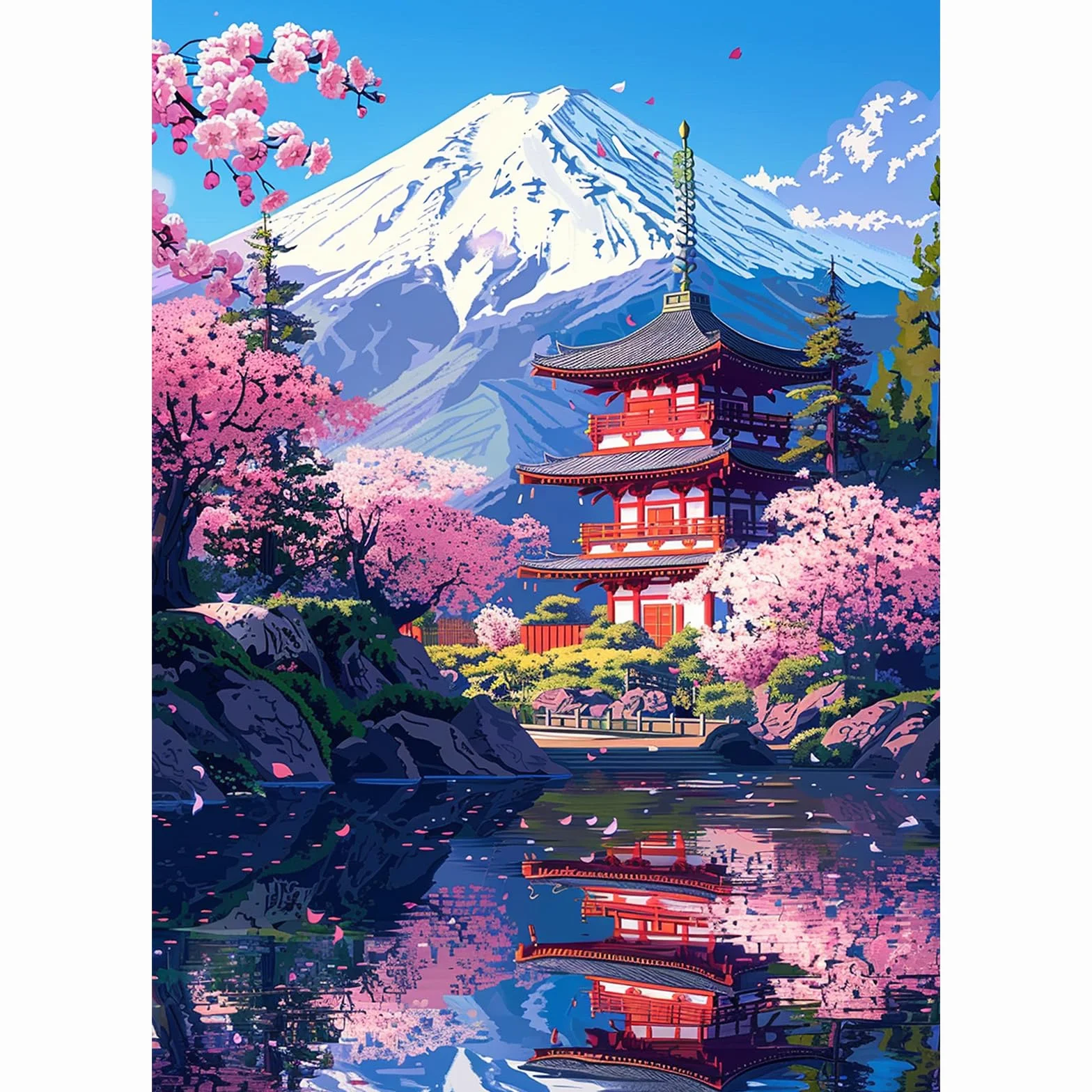 NEWENMO 5D Monte Fuji Diamond Painting per Adulti,Bella Fiori di Ciliegio Pittura Diamante Kit Completo,Tempio Giapponese Diamond Art Kits,Fai Da Te Diamant Painting Set,per Decorazione Casa 30x40cm