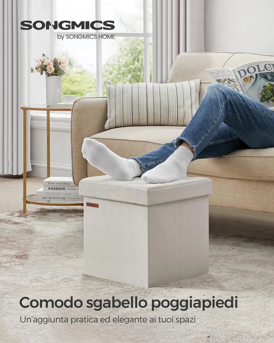 SONGMICS Pouf Pieghevole, Cassapanca in Velluto, Contenitore con Coperchio, Poggiapiedi, 38 x 38 cm, Portata 300 kg, per Corridoio, Soggiorno, Camera da Letto, Bianco Crema LSF227W01