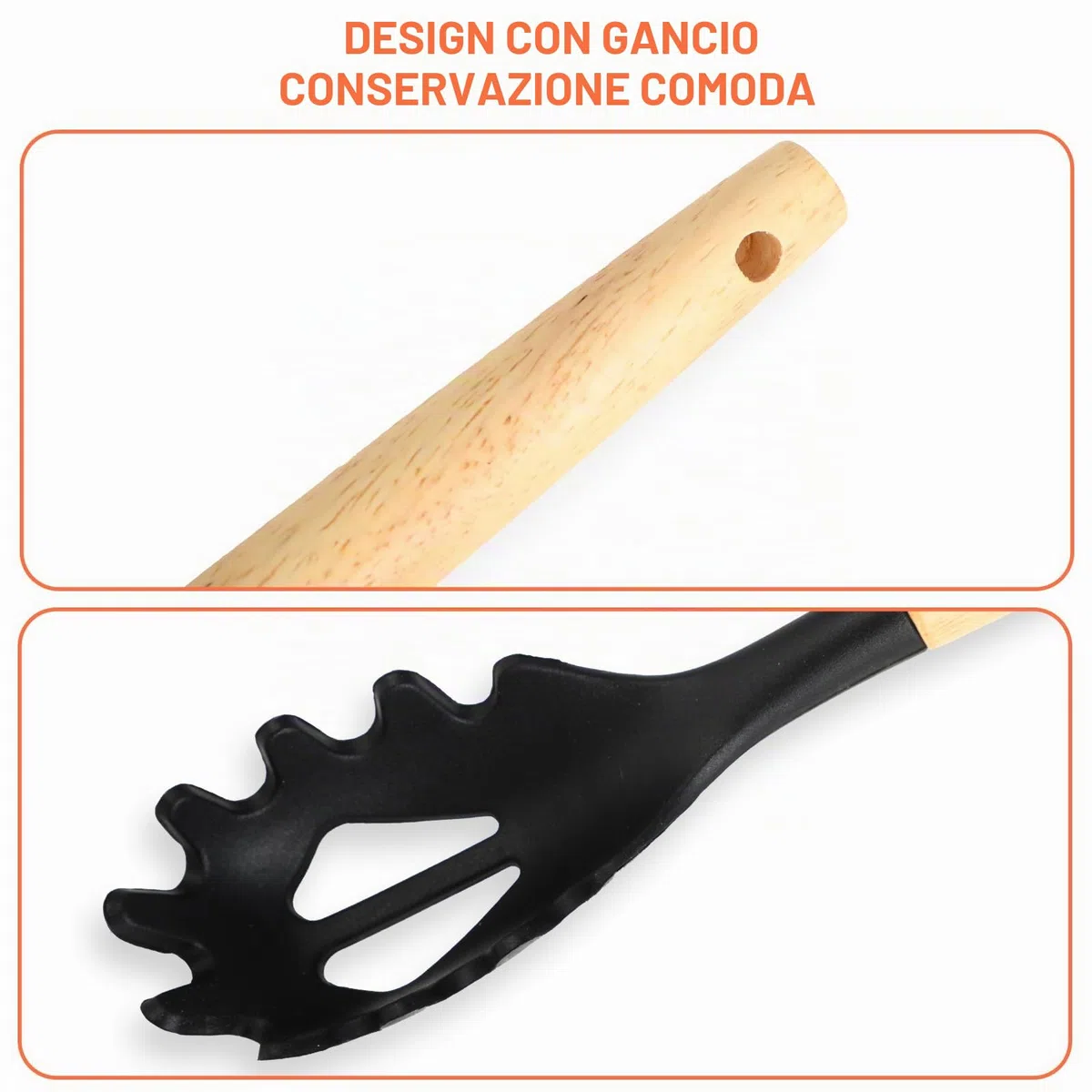 Utensili Cucina Silicone, set di 22 utensili cucina senza BPA, manico in legno, antiaderenti, resistenti al calore, con 10 ganci, nero