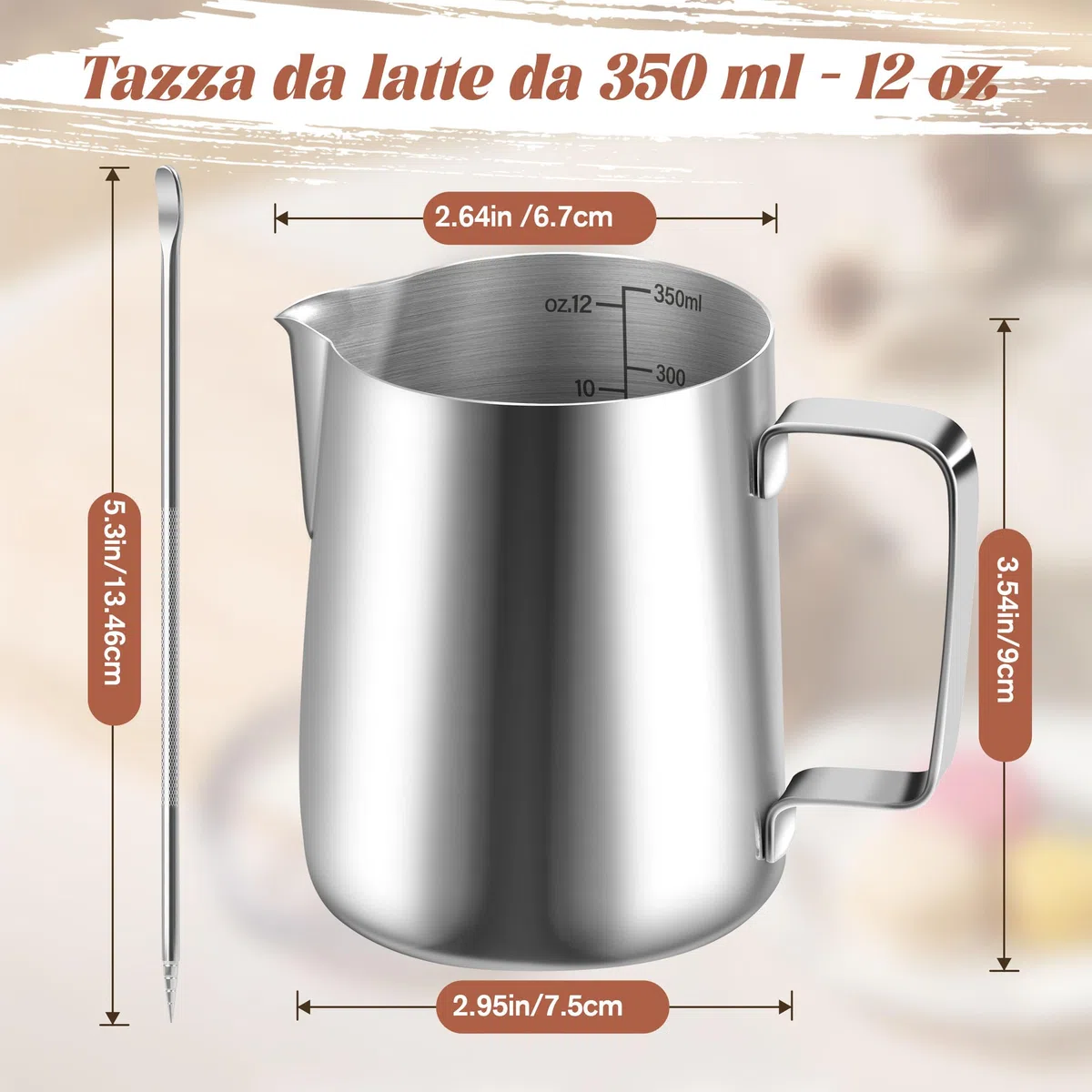 Bricco Latte 350ml in Acciaio Inox, Pentolino Latte con Segno di Misurazione Montalatte Brocca In Schiuma per la Preparazione di Cappuccino, Espresso, Latte Art