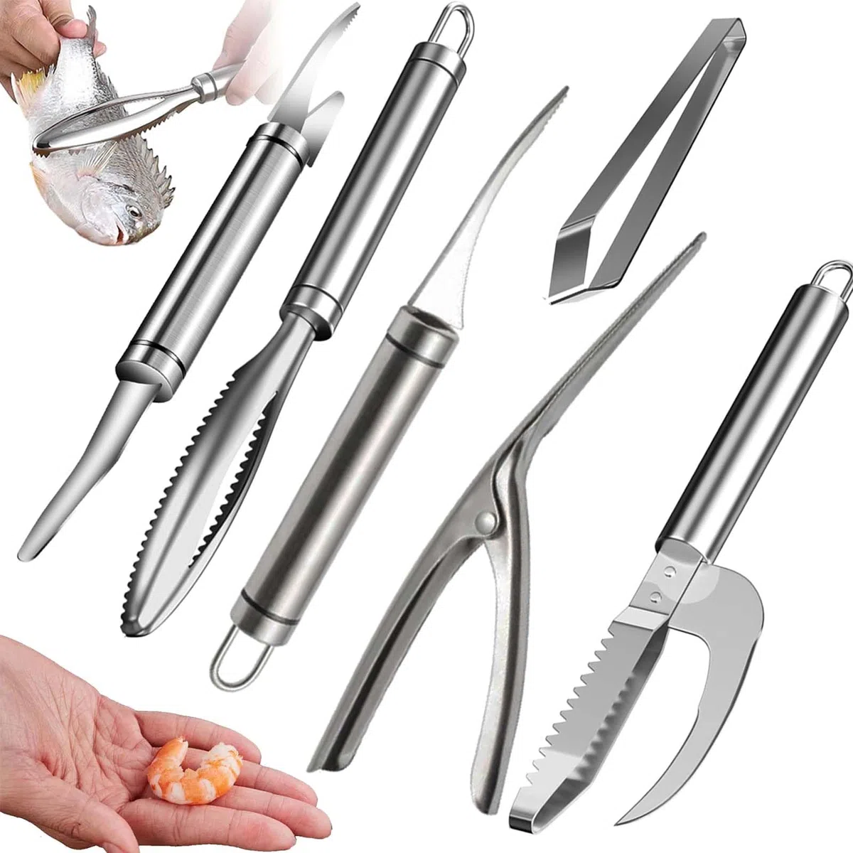6PCS Squamatore Pesce, FORMVERSITY Sgusciatore di Gamberi, Pinzette per Lische di Pesce, Pinza per Chele Astice, Set 6 In 1 per Rimuovere Fili di Gamberetti, Squame di Pesce e Organi Interni