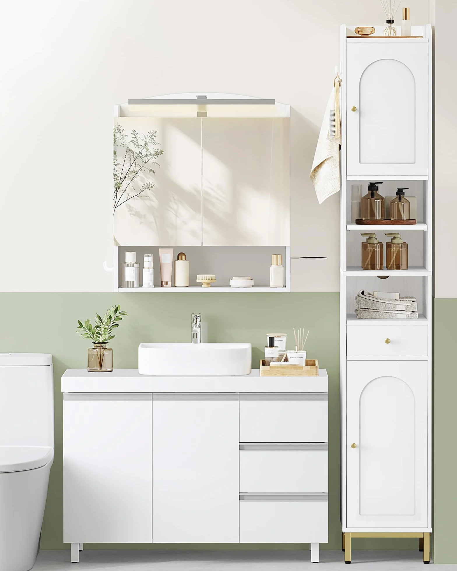 Hzuaneri Mobile Sottolavabo per Bagno, Mobiletto da Bagno, 3 Cassetti, 2 Ante, con Piedini, indipendente, moderno, 30 x 90 x 64 cm, Bianco BC29903X
