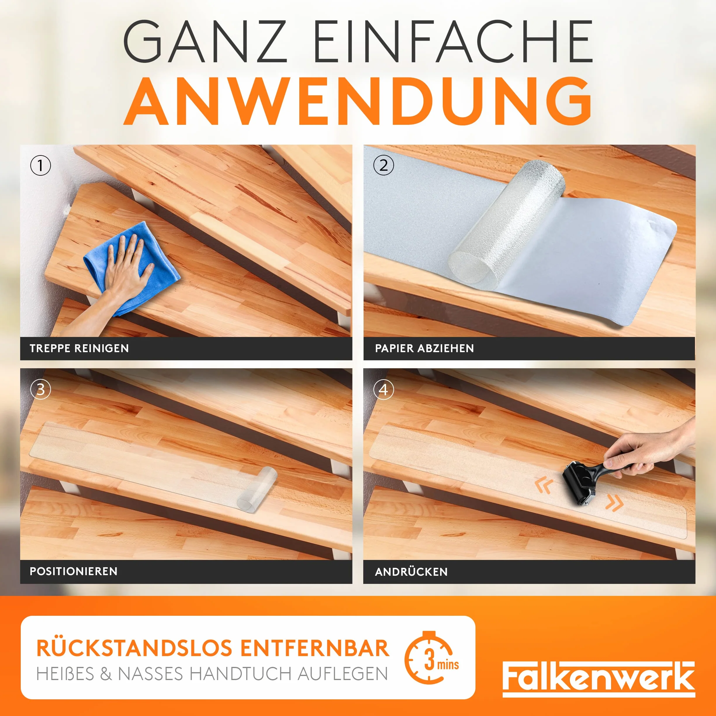 LIEBTHAL FALKENWERK - Strisce antiscivolo per scale [20 pezzi] - Strisce antiscivolo autoadesive e trasparenti [15x90 cm] - Antiscivolo per scale impermeabile con rullo di spatolamento