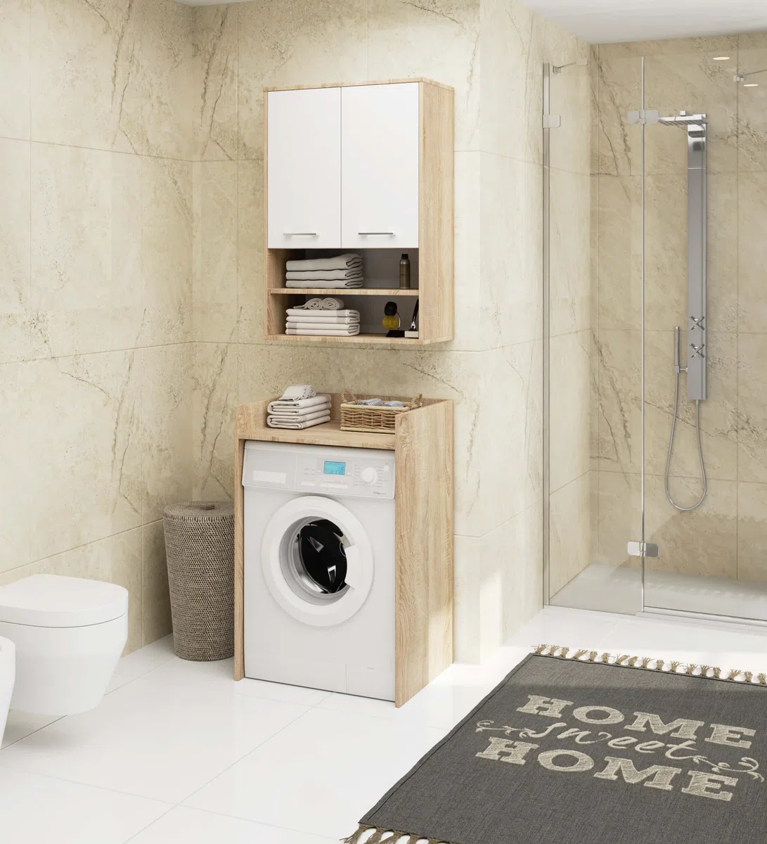 AKORD Mobiletto Bagno Sospeso FIN 64 cm - 2 Ante Basculanti 4 Ripiani - Pensile Salvaspazio da Parete - Laminato Opaco - Mobile Modulare - 64x94x30 cm - per Spazi Ristretti - Rovere Sonoma & Bianco