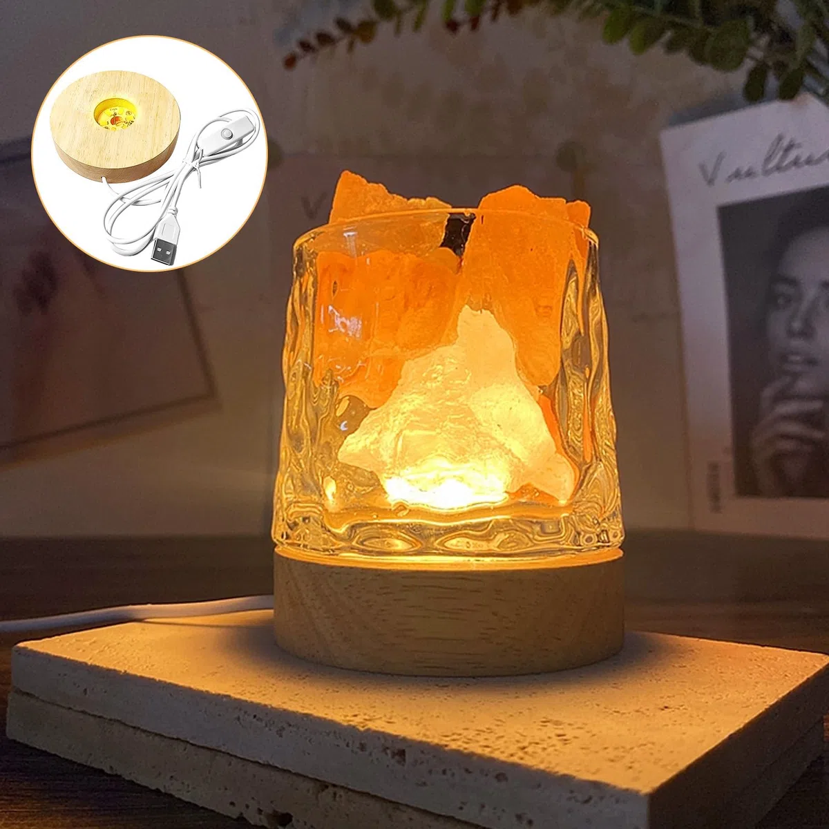 Nizirioo Base di Visualizzazione con Luci LED: 4 Pezzi in Legno, Espositiva Luminosa USB, Supporto da Tavolo Luce Calda per Vetro Acrilico (Rotondo + Quadrato)