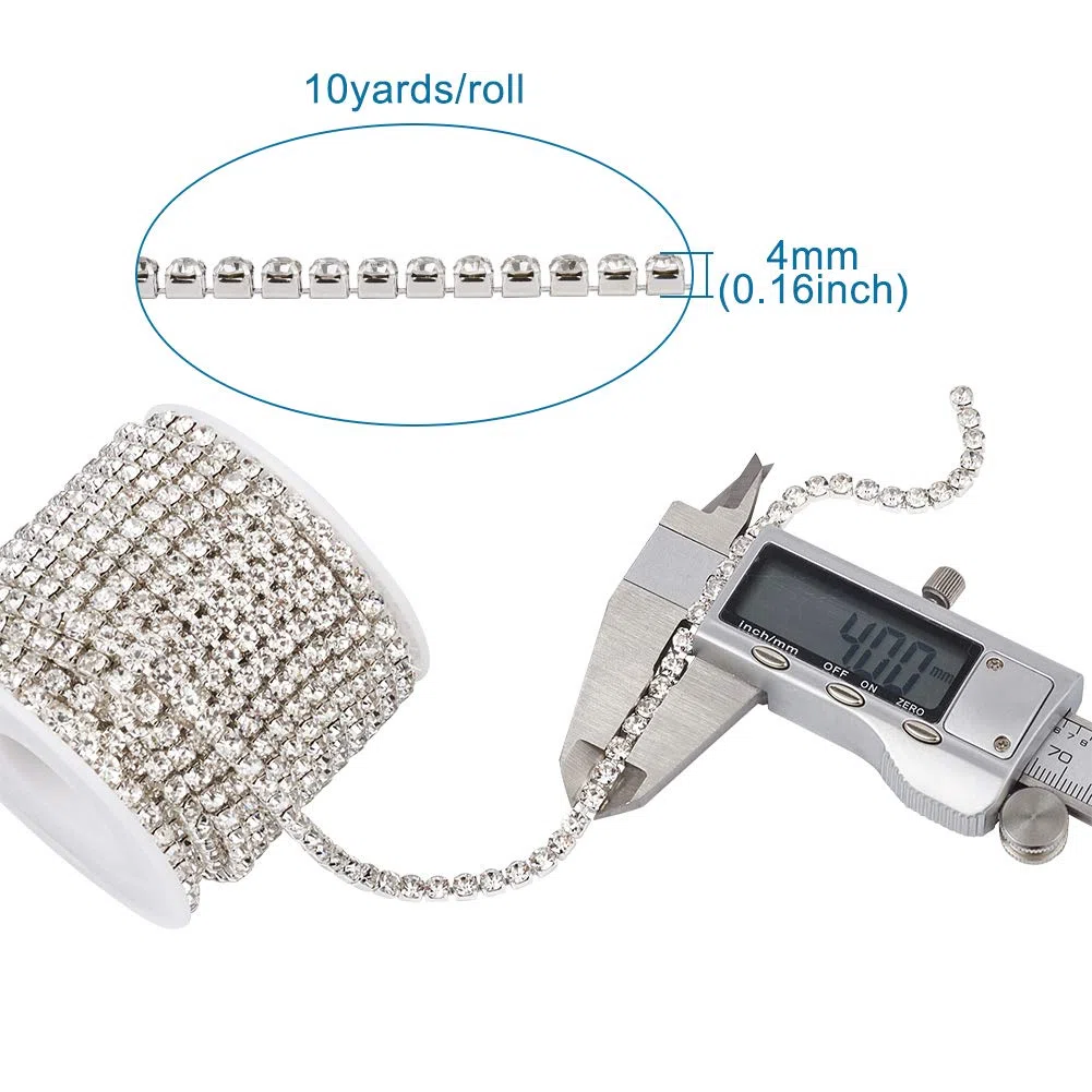 Craftdady 10 Iarde (9,14 m) Catene in Ottone con Strass 4mm Cristallo Trasparente Rifinitura Catena a Griffe per Cucito Frangia Creazione Gioielli Diamante, Fondo Argento