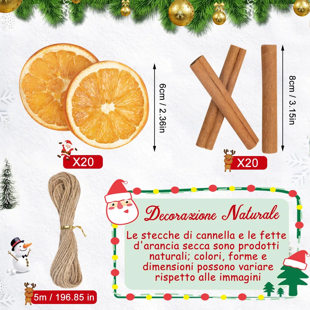 MELLIEX 41 Pezzi Potpourri Natalizio, Decorazione Ghirlande Natalizia Set Corona Avvento con Bastoncini di Cannella, Fette d'Arancia Essiccate e Spago di Iuta
