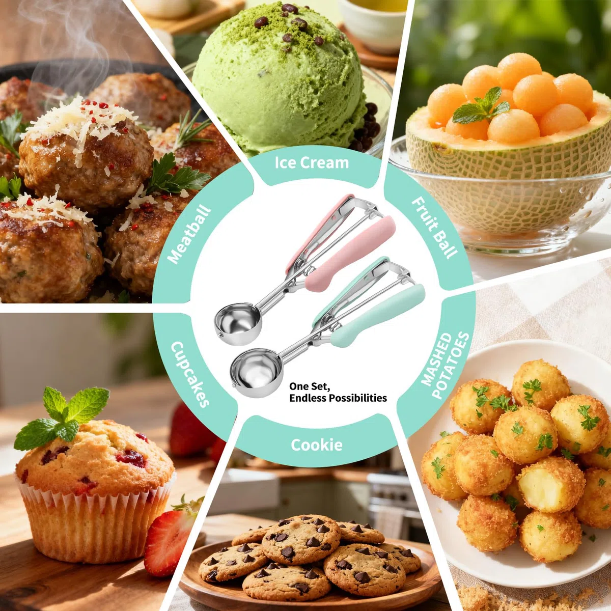 Set di 2 Porzionatori per Gelato e Impasto Biscotti in Acciaio Inox 18/8, Cucchiaio Dosatore con Impugnatura Morbida Ergonomica e Sistema a Molla per Cupcake, Muffin, Polpette - Rosa & Verde Menta