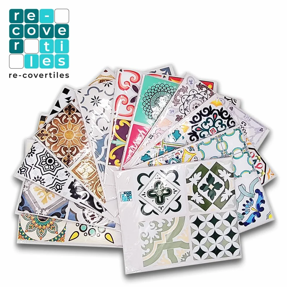 RE-COVERTILES - Adesivi Piastrelle Cucina Bagno Mattonelle adesive in PVC Impermeabili Antigraffio Stickers Decorazione Parete Cementine Peel and Stick - Modello 10 Pz 20x20 cm PS00099 Made in Italy