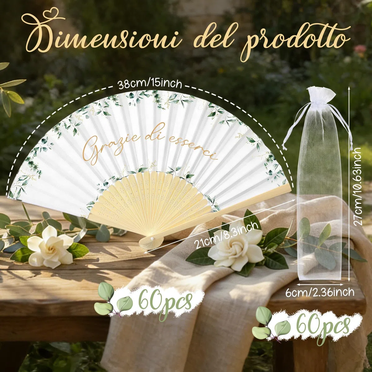 Namalu 60 Pezzi Ventaglio Matrimonio Carta con Manico in Bambù Grazie di Esserci Segnaposto Bomboniera Ventagli Pieghevoli Bianchi Eucalipto 60 Sacchetto Idee Regalo per Ospiti Estate Compleanno Festa