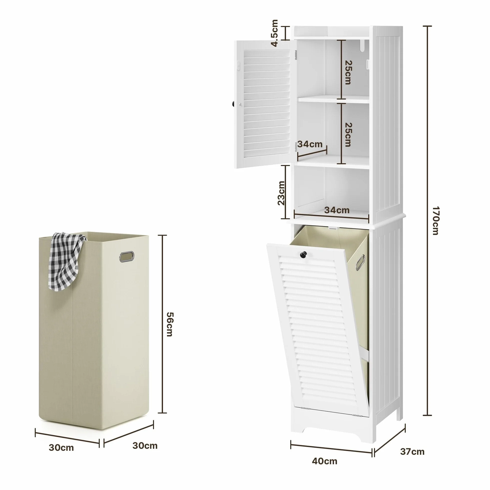 Xbro Mobile Salvaspazio Alto da Bagno con 2 Ante a Lamelle, 3 Ripiani e Cesto Portabiancheria, Multiuso per Cucina, Soggiorno e Bagno, 40x37x170 cm, Bianco