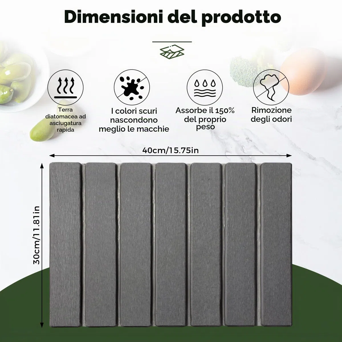 Scolapiatti, 40 x 30 cm, tappetino scolapiatti per stoviglie che assorbe l'acqua, ad asciugatura rapida, tappetino scolapiatti in terra di diatomea come tappetino scolapiatti per lavello da cucina