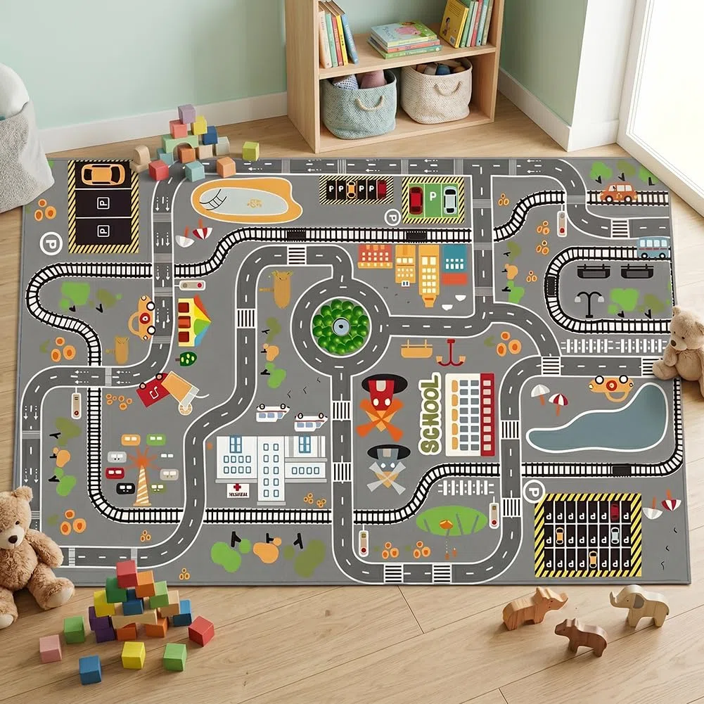 Tappeto con Tracciato Stradale Cartoon, Tappeto Mappa Città, Carpet in Fibra di Poliestere,Carpet Decorativo Antiscivolo e Lavabile per Ambienti Domestici-80x120cm