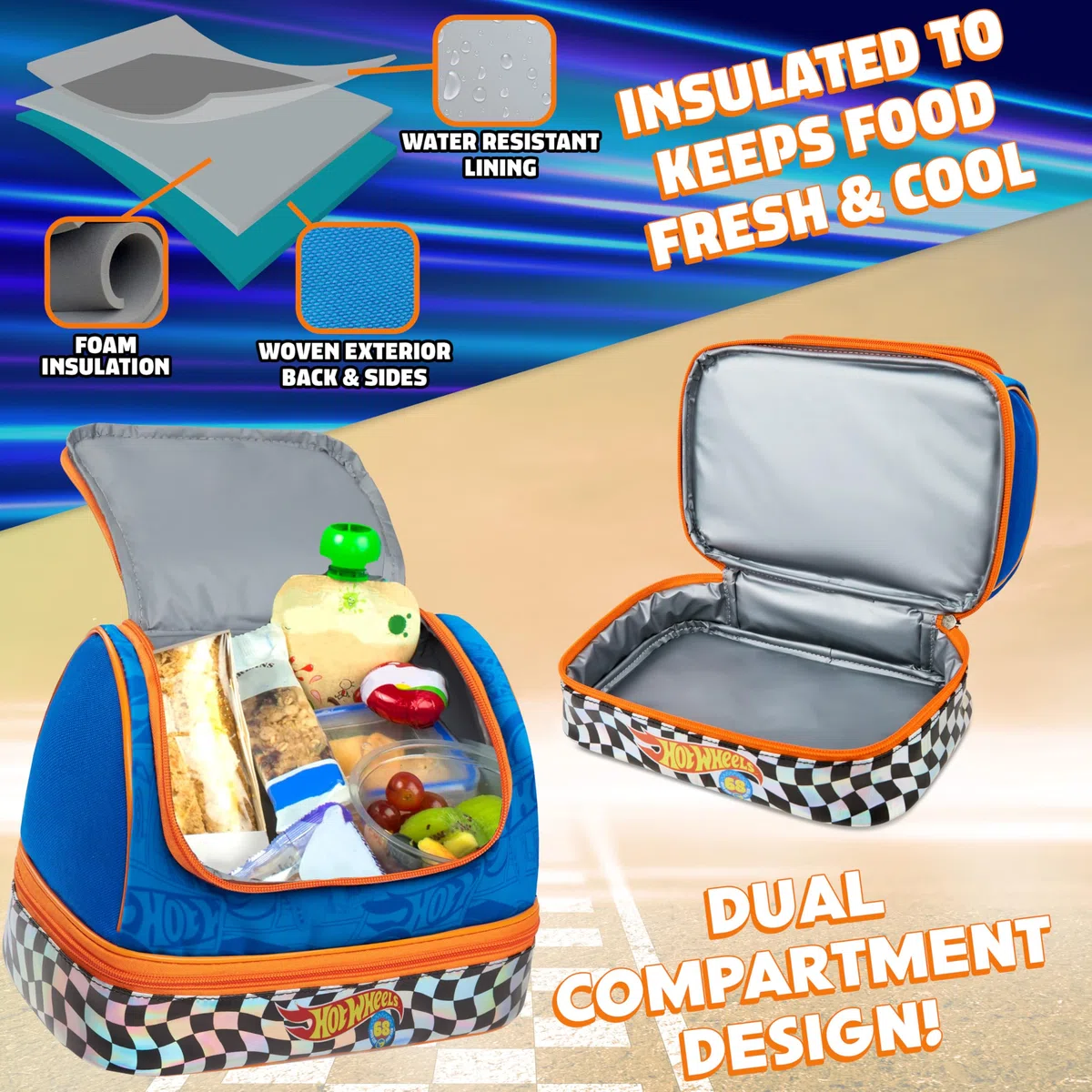 Get Trend Hot Wheels Borsa Porta Pranzo Bambini Adolescenti Adulti Isolato Porta Pranzo con Scomparti Porta Merenda per Picnic Lavoro Scolastico (Blu Hot Wheels)