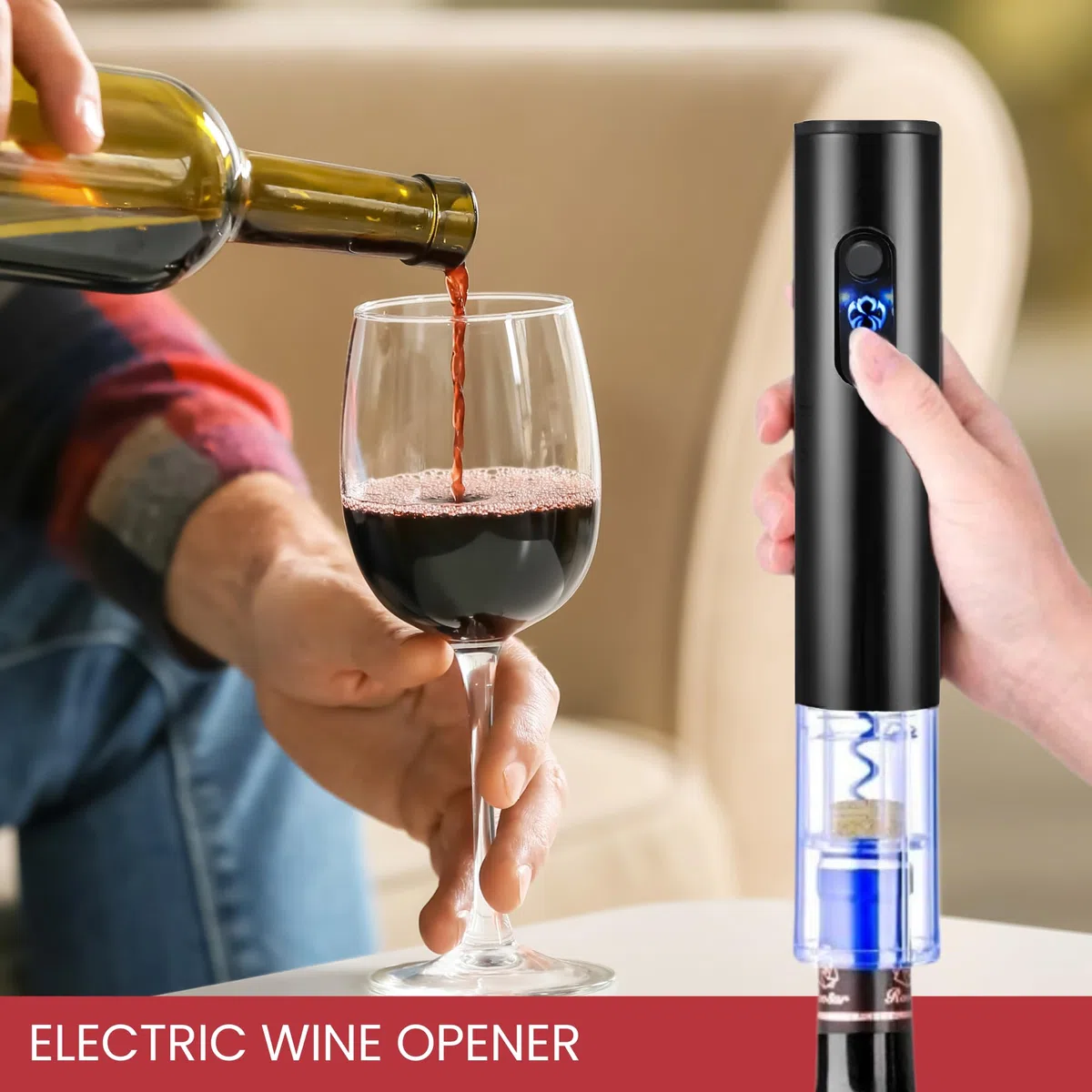 Cavatappi Elettrico, Apribottiglie per Vino con Taglierina, Versatore per Vino, Tappo Sottovuoto. Acciaio Inossidabile. Funziona con 4 Batterie AA (non incluse).