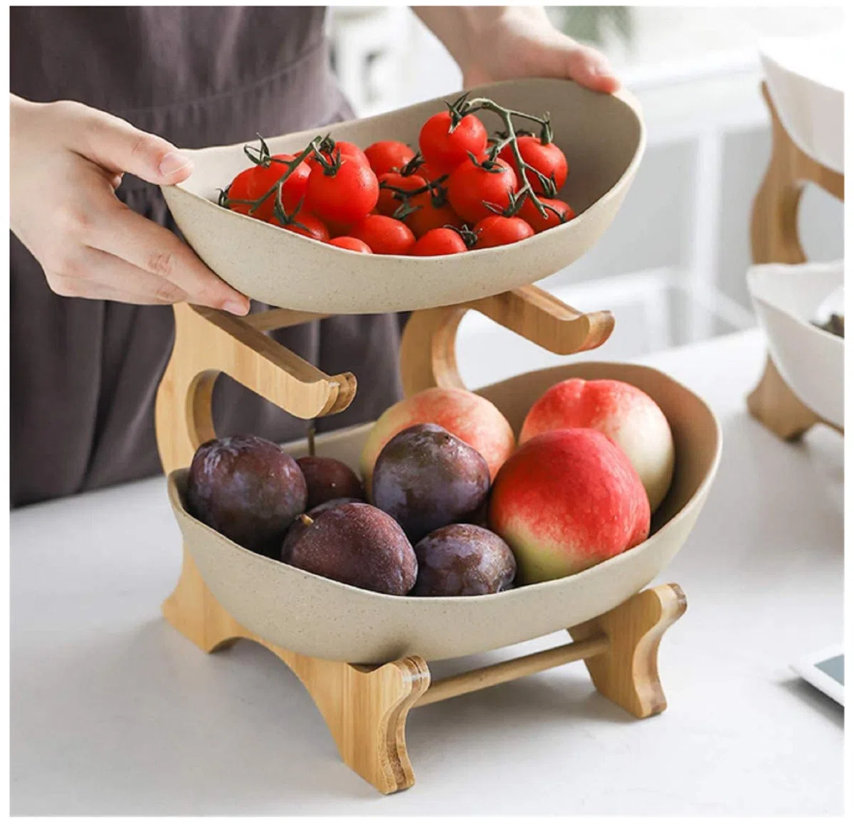 Portafrutta Alzatina A 2 Piani Porta Frutta Fruttiera Ceramica per Frutta, Verdura, Pane, Snack, Piatti di Frutta, Cesto di Frutta, Verdura, Dolci,Marrone