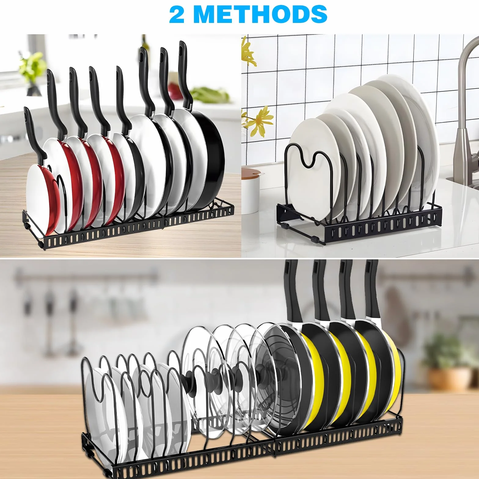 ZLPBAO Porta Coperchi Pentole Allungabile con 14 Scomparti Regolabili, Porta padelle allungabile per padelle, coperchi e Piatti, Supporto in Metallo, Contenitore Da Cucina