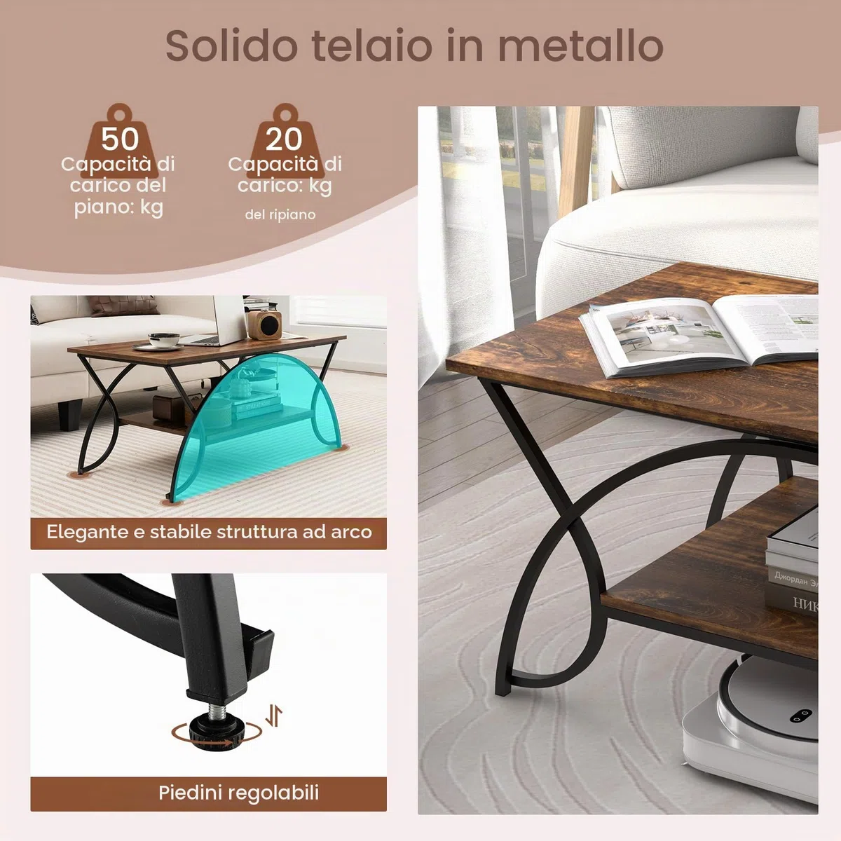 GIANTEX Tavolino da Caffè Oro, Tavolo da Salotto con Gambe in Metallo, Tavolino con Effetto Marmo per Soggiorno, Studio, Camera,110 x 50 x 46 cm (Marrone)