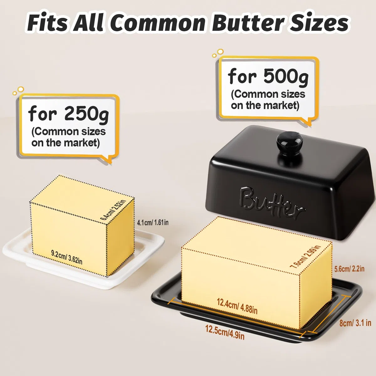 Portaburro in Ceramica con Coperchio, Contenitore Burro da 500g e 250g, Burriera da Frigo Grande, Porta Burro in Porcellana Lavabile in Lavastoviglie, Design Moderno Cucina, Nero