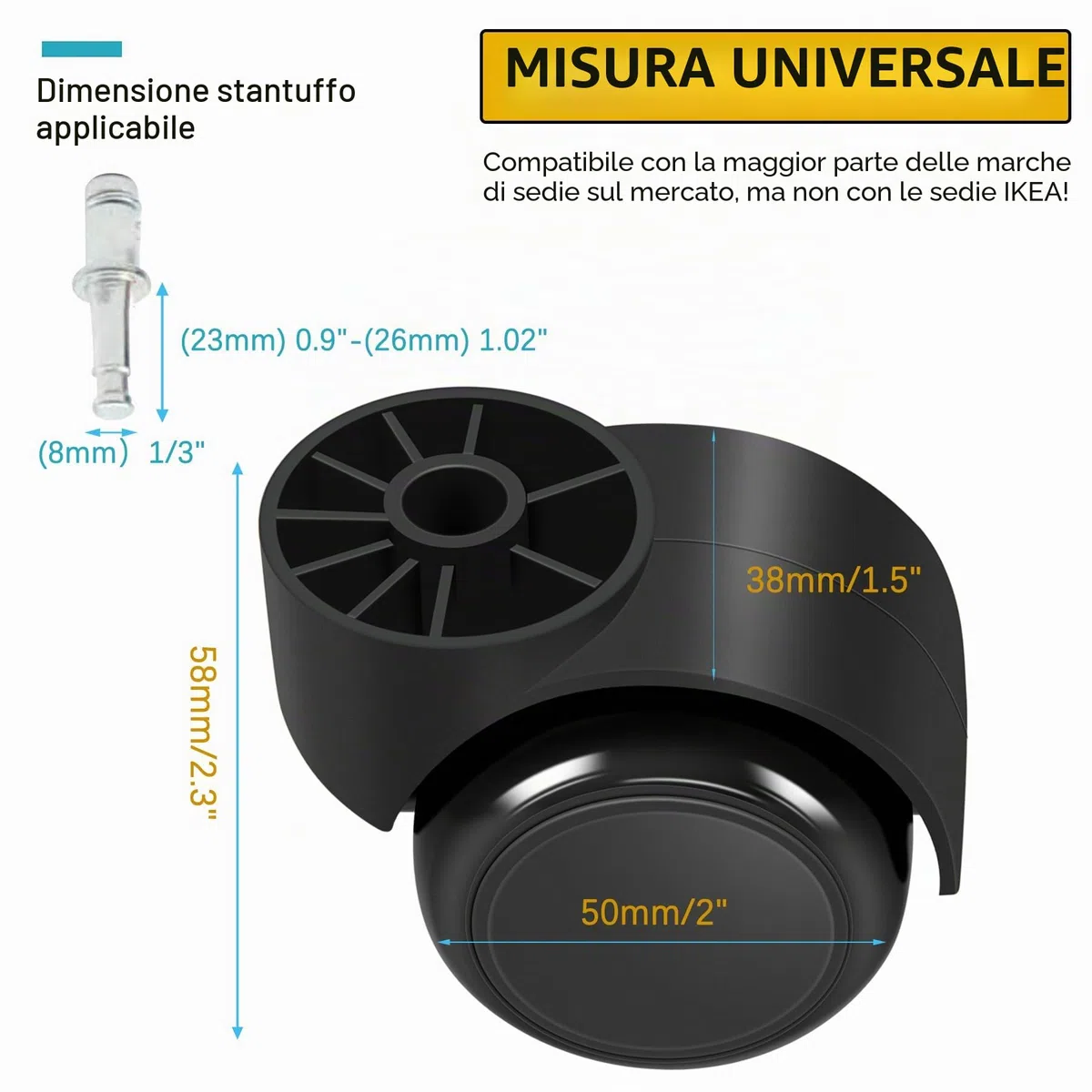Rotelle di ricambio per sedie da ufficio, da 2 pollici, silenziose e silenziose, per sedie da ufficio, 5 pezzi, capacità 150 kg