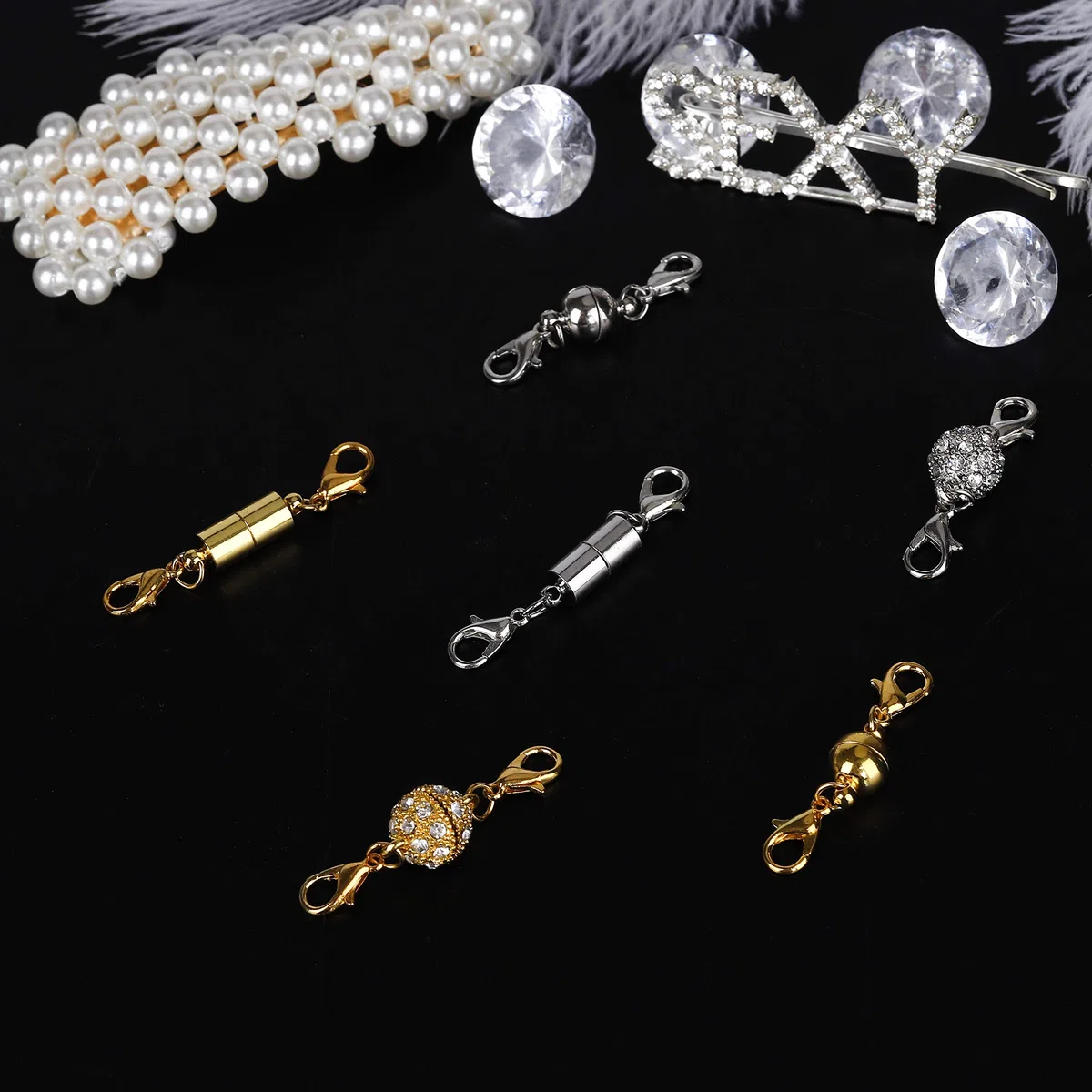 Magnetici Catenacci Chiusure di Aragosta Magnetica per la Collana del Braccialetto Gioielli Decor, Strass Palla Stile, Cilindrico e Palla Tono (Argento e Oro) 12 Pezzi