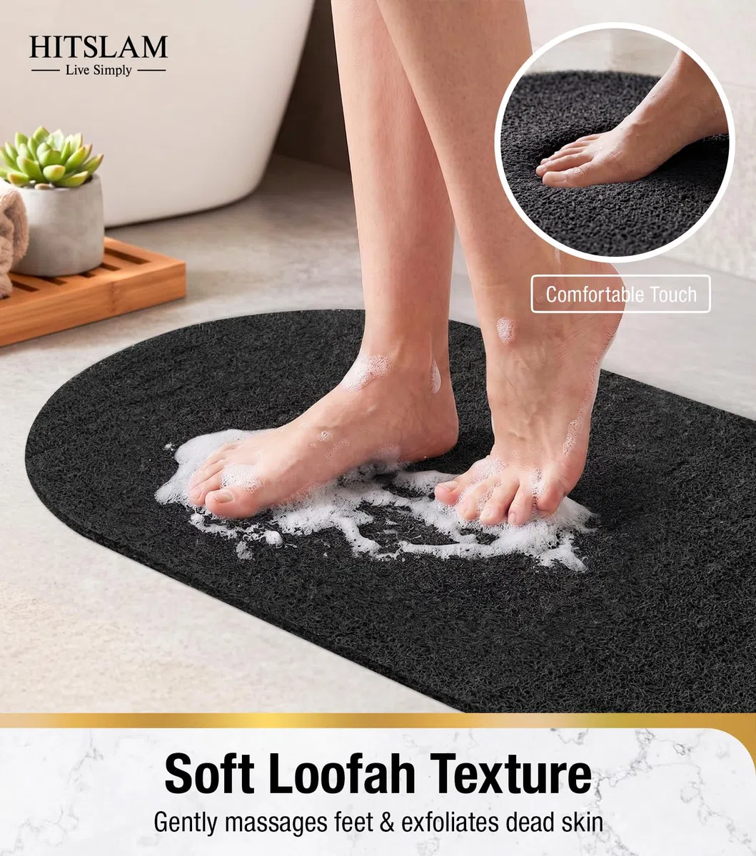HITSLAM Tappeto Doccia Ovale Antiscivolo Antimuffa - Tappetino per Interno Doccia, Morbido Tappeto in PVC Stile Luffa con Effetto Massaggio Piedi, Asciugatura Rapida Lavabile, 69x40cm, Bianco