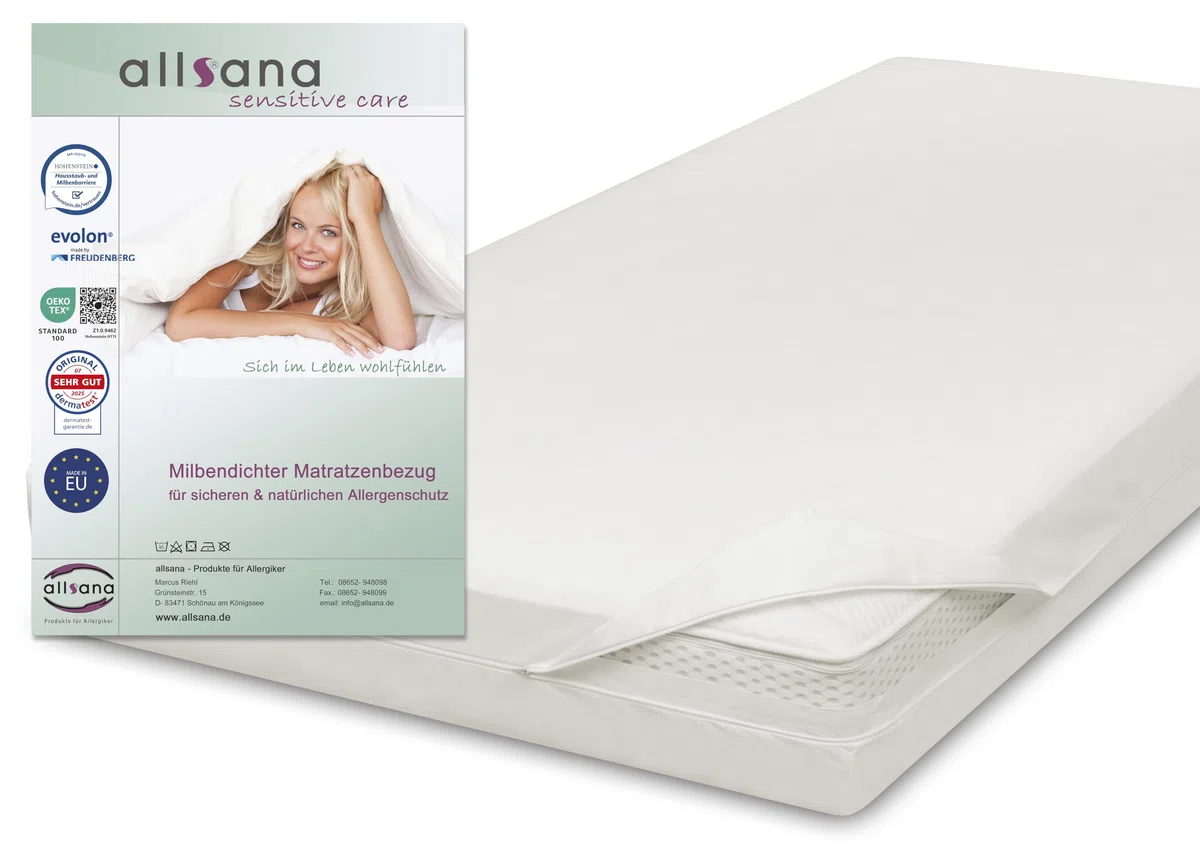 Allsana Coprimaterasso antiallergico, anti-acaro, per persone allergiche alla polvere, 160 x 200 x 20 cm