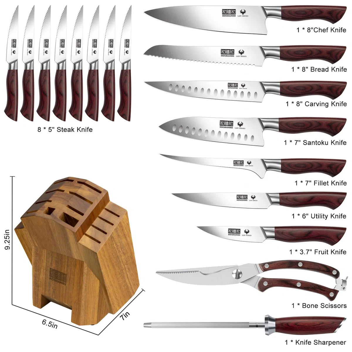 HOSHANHO Set di Coltelli da Cucina 18 Pezzi, Professionali Set Coltello da Chef in Acciaio Inossidabile Alto Tenore di Carbon, Coltello da Cucina Ultra Affilati con Affilatore