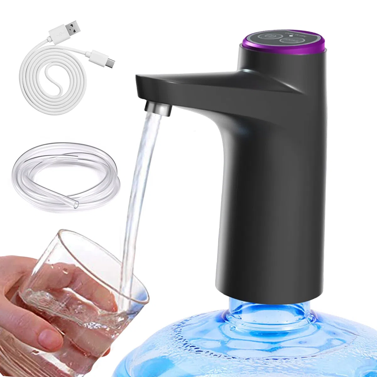 Distributore automatico di acqua, pompa per bottiglie d'acqua, pompa per acqua potabile, distributore di acqua, erogatore di acqua elettrico per campeggio, casa, ufficio, ricaricabile (nero)