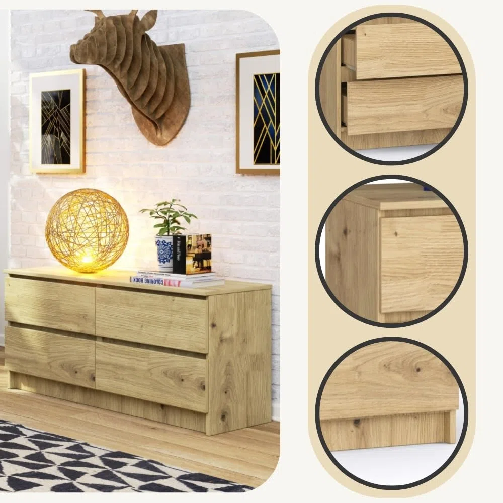AKORD Cassettiera K-120 con 4 Cassetti | Moderna Mobiletto per Soggiorno Sala da Pranzo Camera da Letto Corridoio Bagno | Armadio Cameretta | 120x55x40 cm |Handgemaakt Eiken