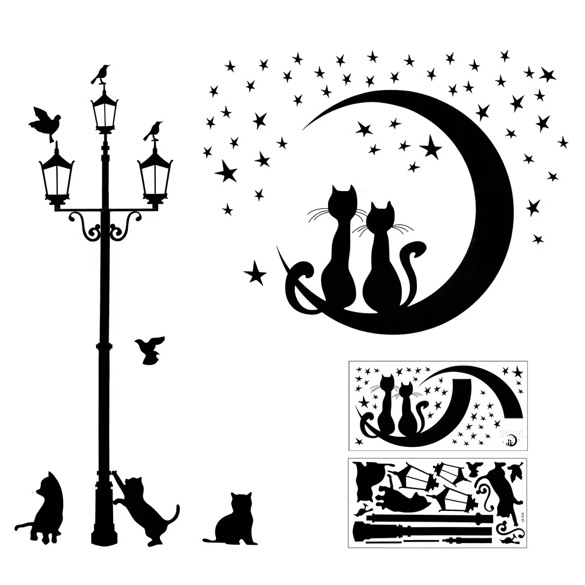 2 pezzi adesivi murali neri gatti set autoadesivo per la decorazione della parete, lampione stella gatto adesivi murali murales per soggiorno camera da letto camera dei bambini corridoio finestra