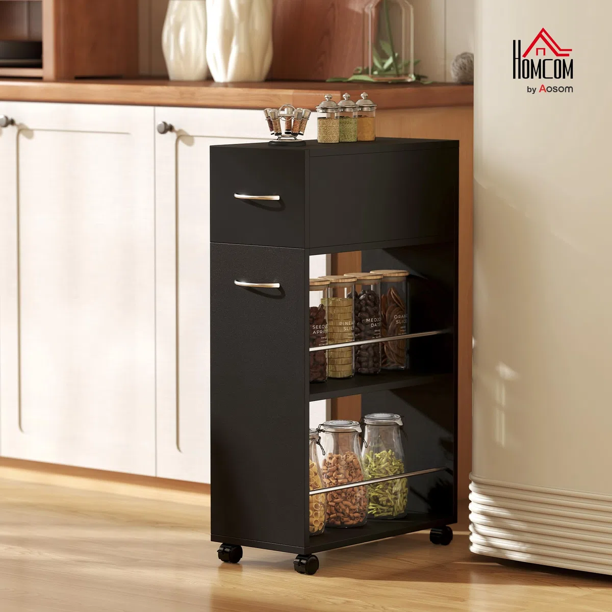 HOMCOM Carrello da Cucina con 2 Ripiani Aperti, Cassetto, Parapetti e Ruote a Freno, Carrello Cucina Salvaspazio Portaoggetti in Truciolato e Acciaio Inox, per Bagno, Soggiorno, 25x50x85 cm, Nero