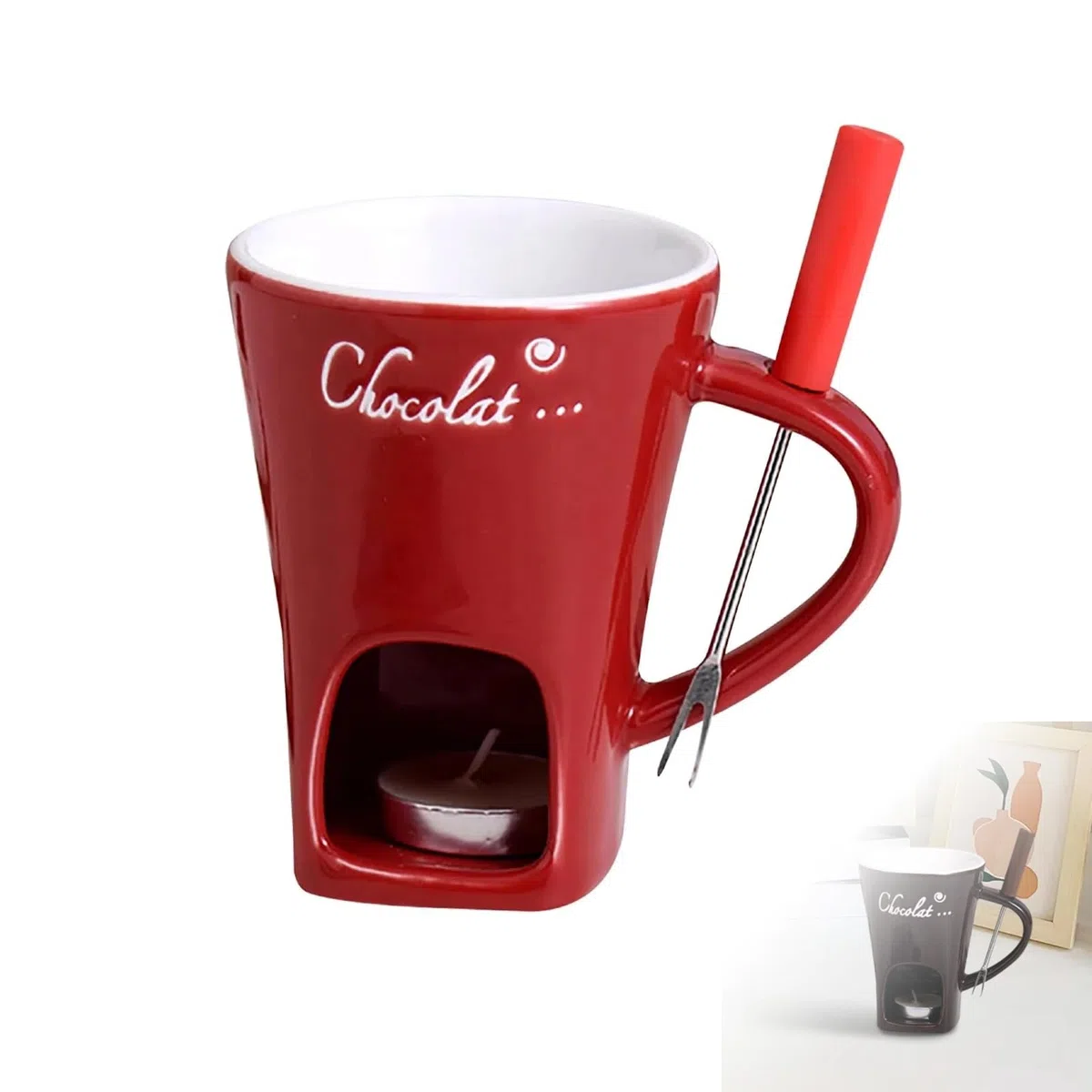 Tazza per fonduta, tazza per fonduta di cioccolato con forchetta e candela, tazza per fonduta di cioccolato per appuntamenti serali, compleanni, regali di nozze (rosso)