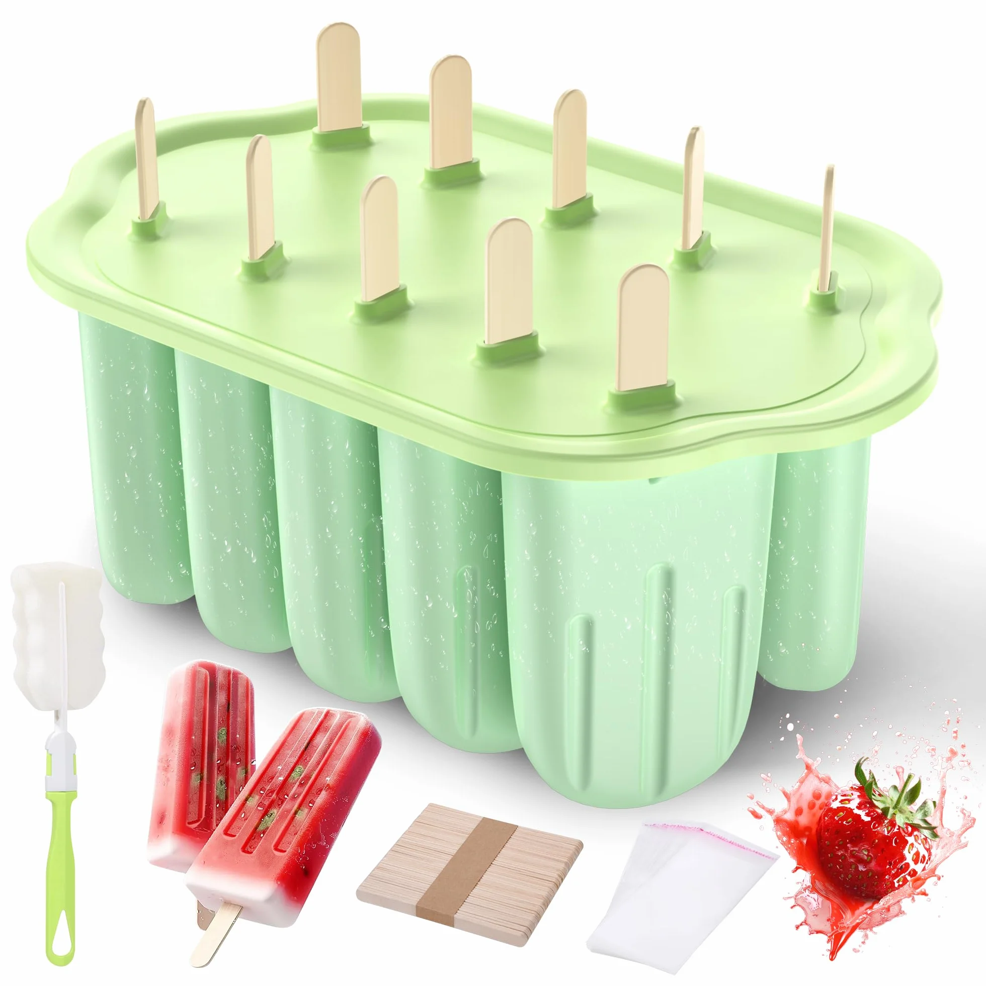 Stampi per Ghiaccioli in Silicone, Silicone Stampi per Gelato senza BPA, 10 Cavità Formine Ghiaccioli Riutilizzabili, Stampi per Ghiaccioli Spazzola per la Pulizia e Coperchio, per DIY Ghiaccioli