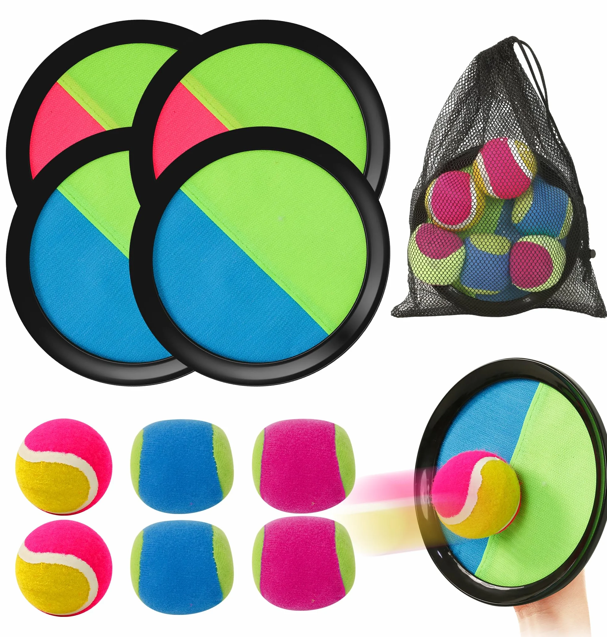 Cattura Racchette Palline Set con 4 Racchette Adesive, 6 Palline e Borsa, Giocattoli Esterni per Famiglia - Sviluppa Coordinazione Occhio-Mano, Ideale per Spiaggia, Giardino, Parco e Bambini