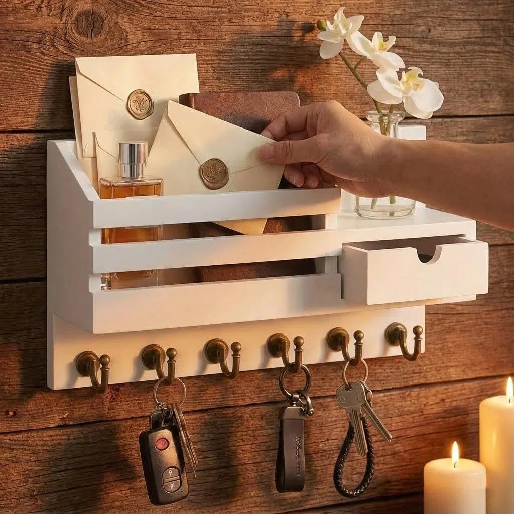 Portachiavi da parete con ripiano e cassetto, portachiavi in legno con 6 ganci, mensola da parete per organizzare le chiavi per ingresso, corridoio, soggiorno o ufficio, bianco