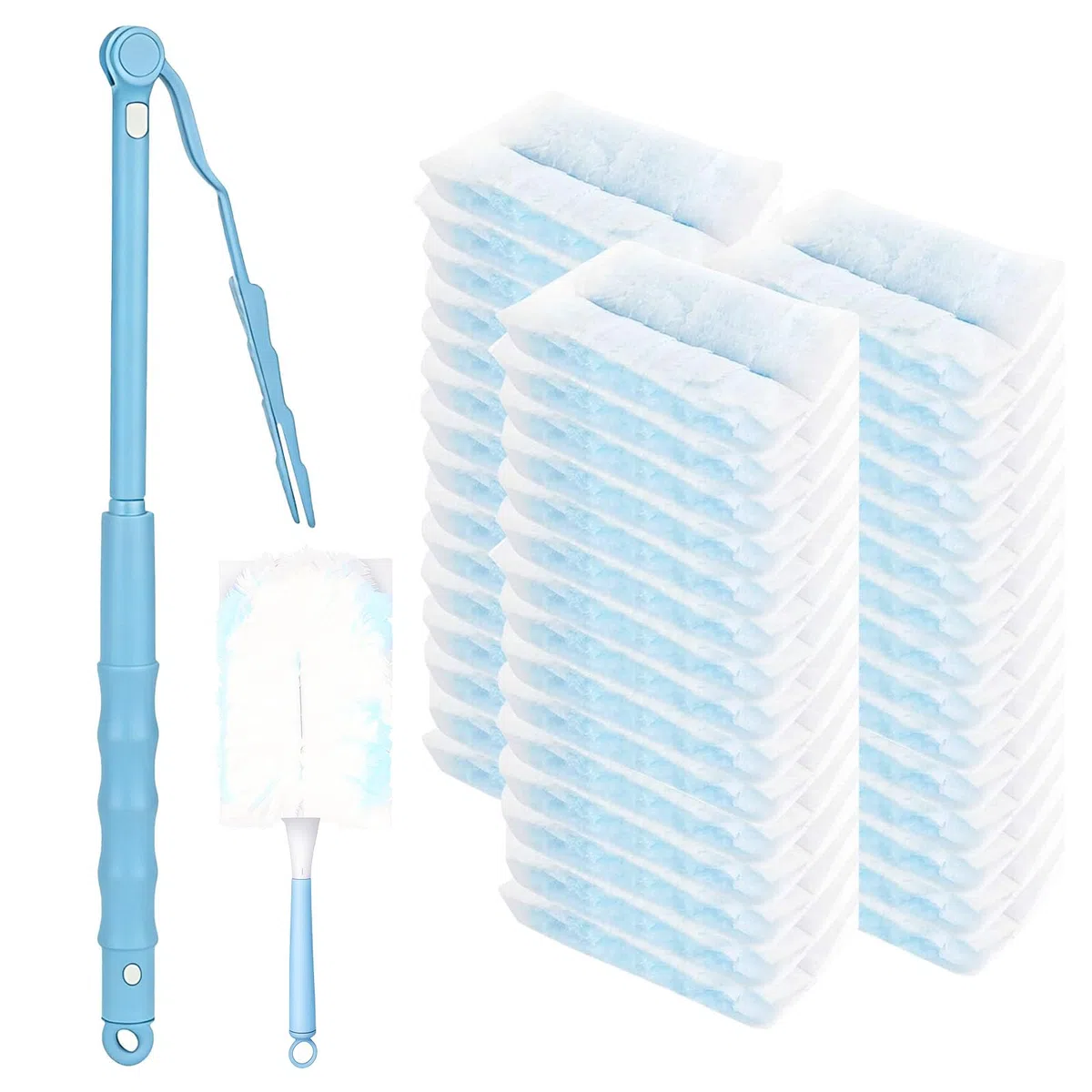 52 Pezzi Ricariche Duster, Compatibile con Swiffer & Altri Piumini, 50 Panni, 2 Manici, Panni in Microfibra, per Pulire Sporco, Peli di Animali e Polvere (Blu)