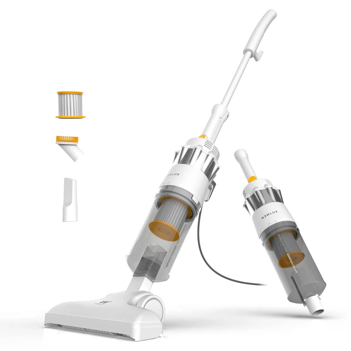 Newlux - Aspirapolvere con Filo 2in1 V900, verticale e manuale, 800 W, 2L, 16,5 Kpa, Triple Sist. Filtraggio (F.HEPA) e Tecnologia Ciclonica | 5 m di azione | Efficienza energetica A (Bianco)