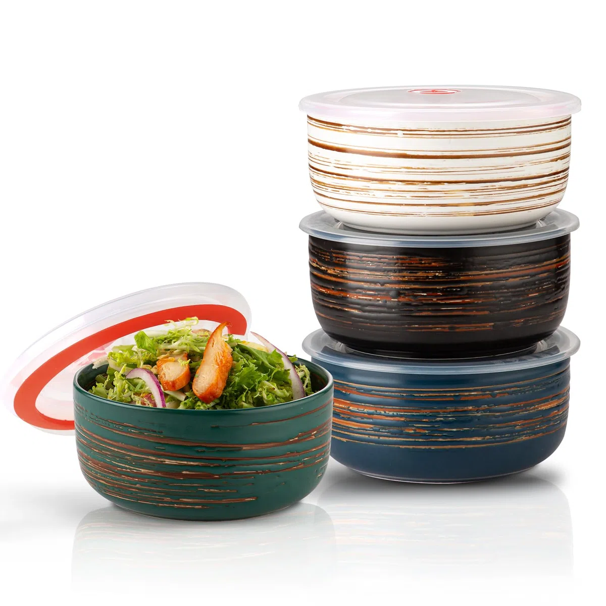 YUN TAO - Set di ciotole in porcellana con coperchio - 15 cm, capacità 650 ml, multicolore - Adatto al microonde, coperchi ermetici per pranzo, picnic, insalata e conservazione degli alimenti