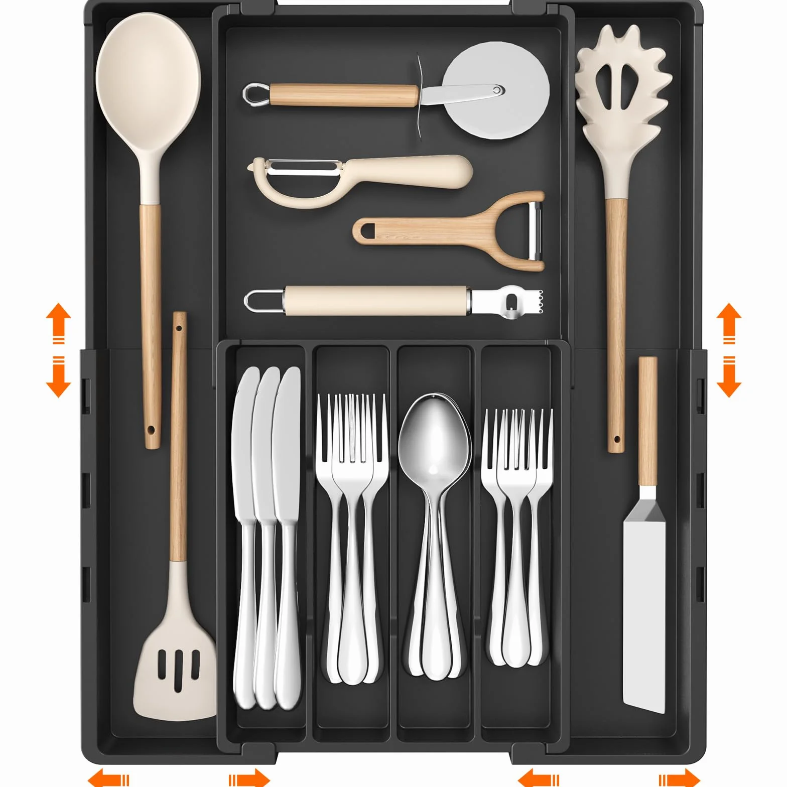 Lifewit Organizer Cassetti Cucina Regolabile, Vassoio Plastica per Utensili e Coltelli, 4-7 Scomparti, Larghezza 22,5-36 cm, Nero