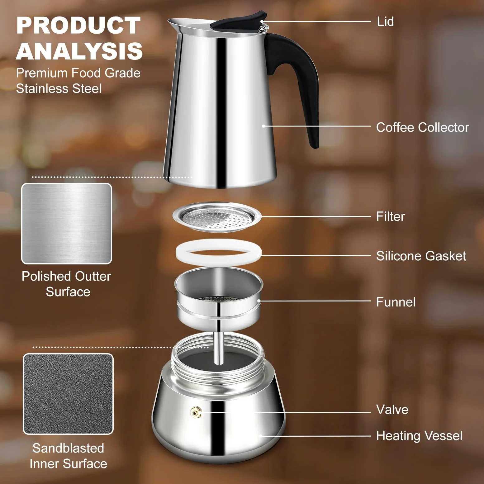 6 Tazze Stovetop Espresso Maker Moka Pot Espresso Maker in acciaio inox Percolator Italian Coffee Maker Capable Mocha Coffee Machine Cafe Classic Maker for Home e Camping 300ml 10oz