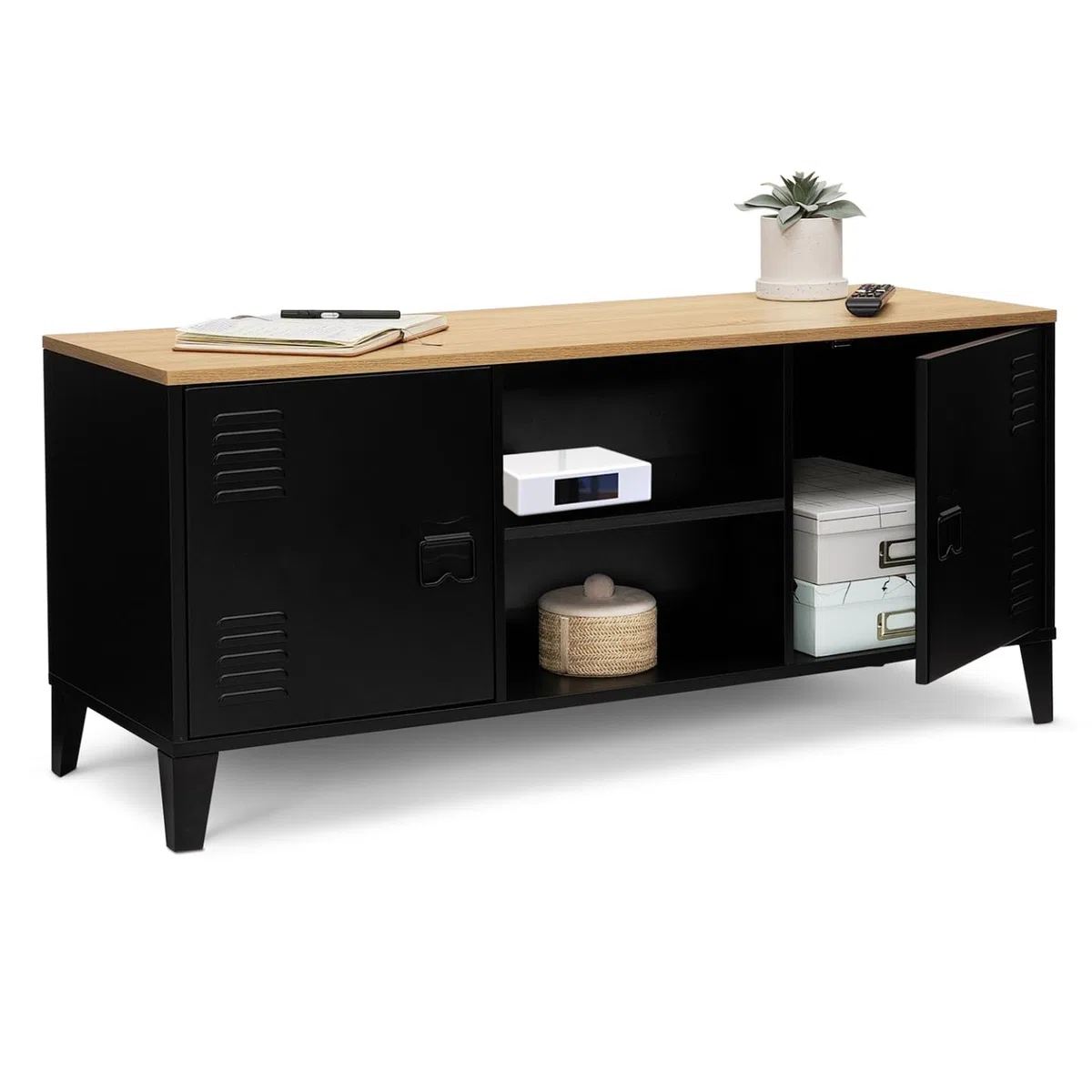 IDMarket - Mobile TV ESTER 113 cm con 2 ante in metallo nero e piano in legno industriale