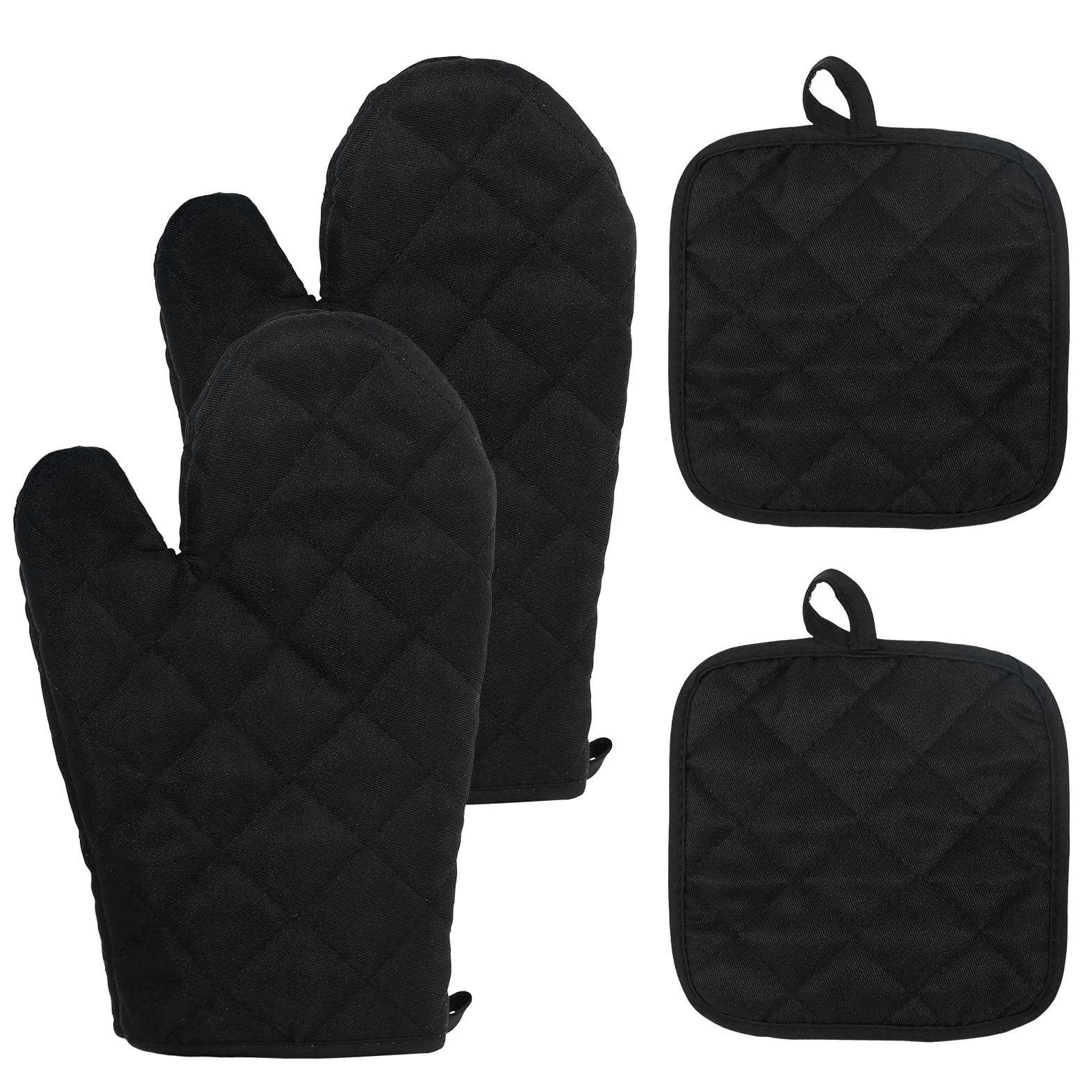 DELAESI Guanti da Forno Professionale Set di 4 Guanti da Forno e Presine in Cotone Nero Resistenti al Calore e Antiscivolo