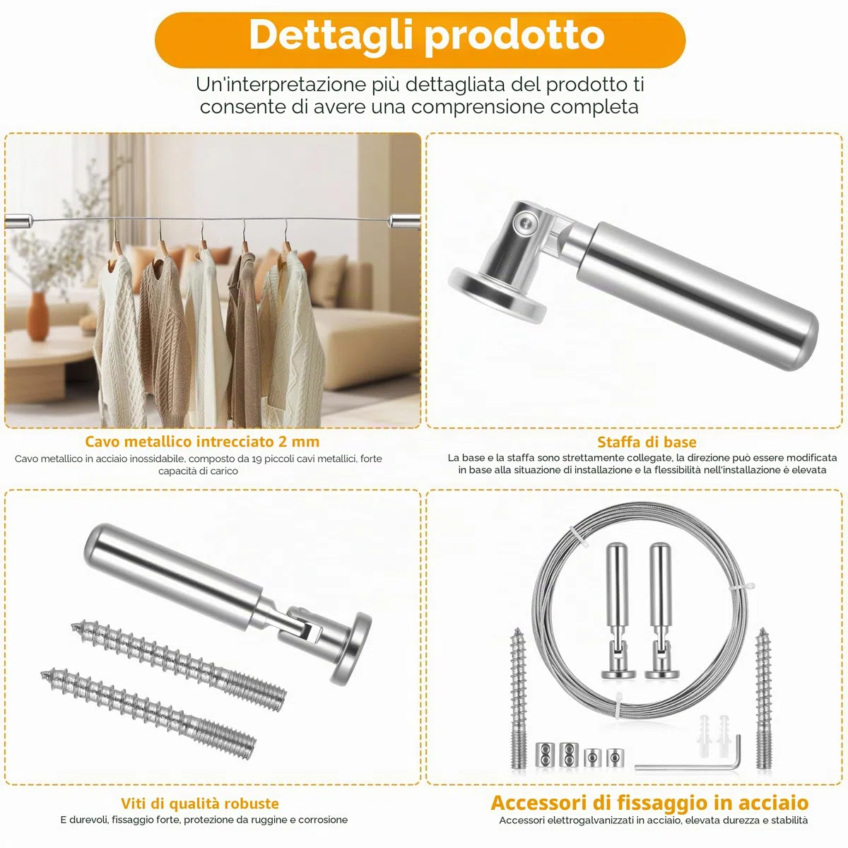 Cavo Acciaio per Tende, 5 Metri Filo in Acciaio Inox, Corda di Tensionamento, Cavo Stendibiancheria Metallico per Esterno Tenda Quadri Bucato