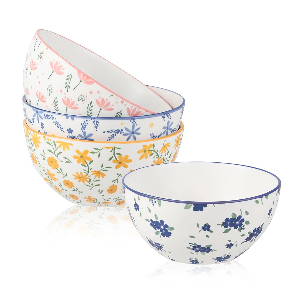 Ciotola Colazione Cereali Ciotole Ceramica - Set di 4 Scodelle Zuppa Colorate con Motivi Floreali - Scodella Porcellana per Insalata | Poke | Ramen | Minestra | Macedonia | Brodo - 15 cm - 700 ml
